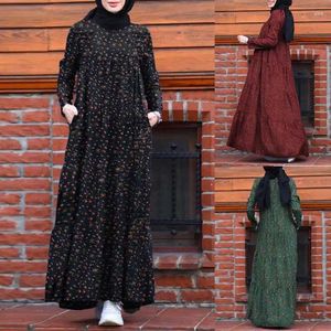 Vestidos casuais dubai abayas elegante multi-camada impressa volta zíper algodão e linho vestido vintage para mulheres muçulmano elegante turco longo