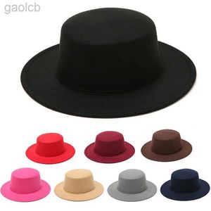 Szerokie brzegi czapki wiadra czapki damskie płaski top fedora kapelusz stały kolor naśladowanie wełniane jazzowe czapkę szerokie brzegi eleganckie okrągłe kapelusz w kręgle 24323