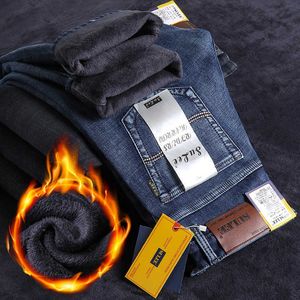 SU LEE Plüsch- und dicke Denim-Jeans für Herren, Winter, gerade Passform, lockere, trendige, elastische Oberbekleidung, lässige lange Hosen für Herren