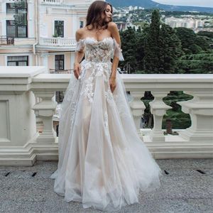 Sexy Sweetheart A Line Wedding Dresses Off Shoulder Champagne Liner Tulle Appliques Sleeveless Bridal Gowns Womens Formal 240320