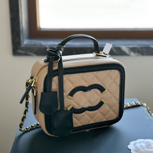 Valigia da donna in pelle di caviale, borsa per trucco per fotocamera, borsa con manico superiore, multi pochette, tasca esterna di grande capacità, custodia per cosmetici a tracolla GHW Vanity 20 cm