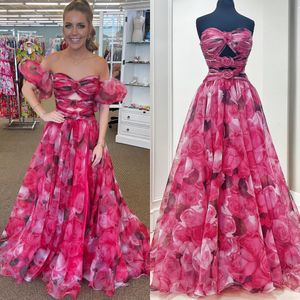 Abito da ballo in chiffon stampato con rosetta 2k24 Buco della serratura centrale Rosa rosa floreale Lungo inverno Primavera Serata formale Cocktail Gala Party Grazioso spettacolo da sfilata Abito con gonna a fessura