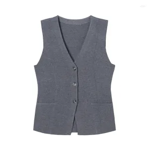 Gilet da donna Gilet primaverile in misto lana senza maniche con scollo a V Slim monopetto tinta unita