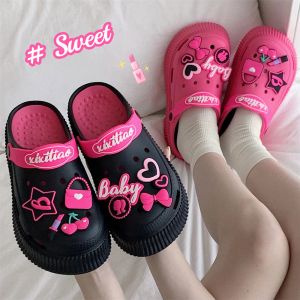 Slippers DIY Hole Garden Shoes Women Summer Thick Soled Perforated Shoes For Girls In Heart Rose Red Makeup Bag Outdoor Becah Water Shoes