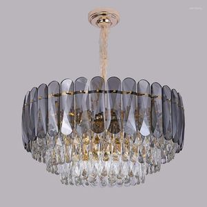 Lustres pós moderno luxo cinza cristal claro candelabro para sala de estar quarto modelo jantar lustre casa luminária