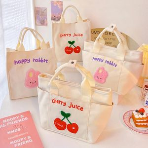 Cute Cherry Lunch Bags For Women Girl Kids Kawaii Canvas Portable Box Tote Bag Bento Pouch Office School Food Storage 240312