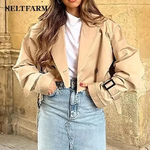 Cropped Trench Women Long Sleeves Design Jacket Chic Lady High Street Casual Loose Coats Top Female 240309