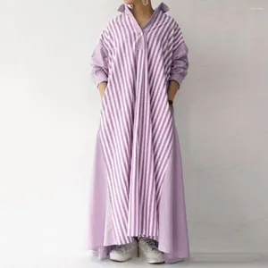 Casual Dresses Women Fall Maxi Dress Striped Print A-line Loose Hem Oversized Pockets Turn-down Collar Long Sleeves Contrast Color Ankle