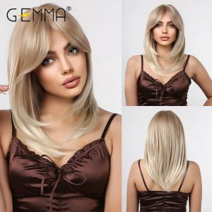 Perucas Gemma Ombre Golden Blonde Layered Peruca Sintética com Franja Lateral para Mulheres Médio Ondulado Natural Cosplay Fibra Resistente ao Calor