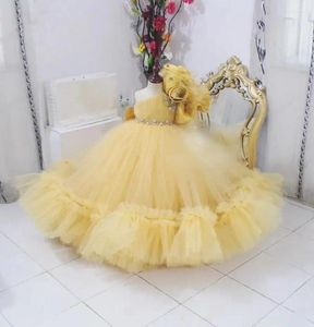 Girl Dresses Gold One Shoulder Flowers Dress Children Crystals Kids Poshoot Baby Birthday