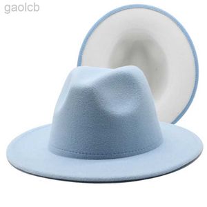 Wide Brim Hats Bucket Hats Simple light blue exterior with white fur felt jazz Fedora hat womens wide Brim Panama party Trilby cowboy hat mens gentleman 24323