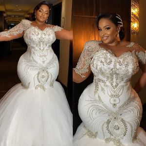 2024 Afrikanisches Meerjungfrau-Hochzeitskleid für die Braut, Übergröße, Illusion, lange Ärmel, transparenter Ausschnitt, Strasssteine, Kristalle, Brautkleider für Nigeria, schwarze Frauen, Hochzeit, D168