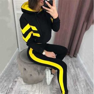 2 peça conjunto de treino para mulher manga longa com capuz elástico esportes conjunto de duas peças outono street-wear fatos de treino das mulheres