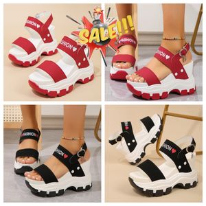 red hearts slope heel thick sole round toe open toe letter one line buckle strap women's oversized GAI PINK women heart design height increase white black pink green eva
