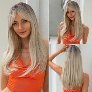 Perucas longas retas sintéticas para mulheres ombre luz loira platina com franja peruca de cabelo natural resistente ao calor perucas de festa cosplay