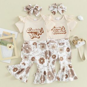 Clothing Sets Summer Baby Girl Clothes Casual Funny Letter Ruffle Short Sleeve Romper Tops Floral Flare Pants Headband 3PCS Girls Outfits