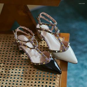 Dress Shoes 2024 Summer Lacquer Leather Riveted High Heels Sexy Shallow Mouth Pointed Metal Multicolor Liuding Thin Pumps Sandals Women