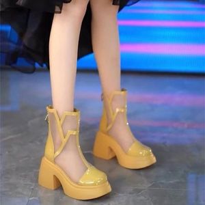 Summer Mesh Breattable Cool Boots Patchwork High Heels French Soled Martin Boots Wedding Party Dress Boots Storlek 35-40