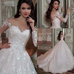 ELegant Sheer Long Sleeves Lace A Line Wedding Dresses Tulle Applique Sweep Train Wedding Bridal Gowns With Lace Up Back robes de mariee BC18454