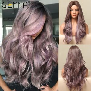 Peruker Gemma Long Wavy Ombre Brown Purple Syntetiska peruker för kvinnor Värmebeständiga naturliga mellersta delen Cosplay Party Lolita Hair Wigs