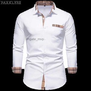 Mens Casual Shirts Parklees 2022 Autumn Plaid Patchwork Formal For Men Slim Long Sleeve White Button Up Shirt Dress Business Office Camisas