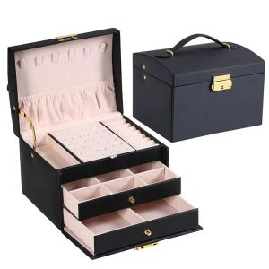 Halsketten Großer Schmuckstaierbox Multilayer Organizer für Schmuck Halskette Ohrring Leder Schmuck Verpackung Display Boxen mit Schloss