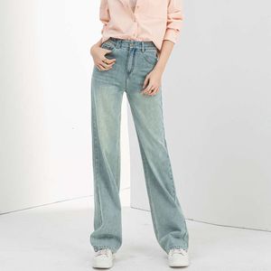 Ättiksyra koreanska breda ben jeans för kvinnor vår ny rak ben smal bantgolv drar byxor