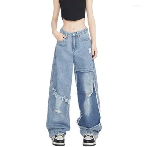 Damen-Jeans, gespleißt, Sommer, dünn, amerikanisches Retro-Design, Gefühl, Pelzkante, weites Bein, Hose mit gebrochenen Löchern