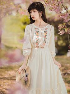 Vestidos casuais vintage mori menina estilo mulher vestido cottagecore prairie chique bordado floral lanterna manga solta gramado faldas