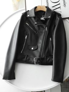 Babyoung couro feminino primavera streetwear motociclista jaqueta fino ajuste turn down collar casaco outwear com cinto preto plutônio falso
