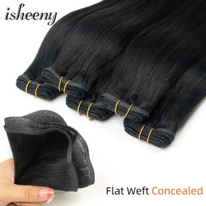 Weft Isheeny Flat Weft Human Hair Extensions 20インチ黒人人間の髪の織りが隠された50gストレートバンドルが横ばいに短い髪の毛なし