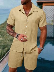 Abito camicia da uomo in cotone e lino a righe tinta unita a maniche corte, casual, oversize, pantaloncini da spiaggia, streetwear estivo 240312