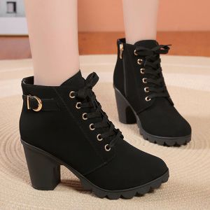 Botas moda moda preto grossa salto salto feminino