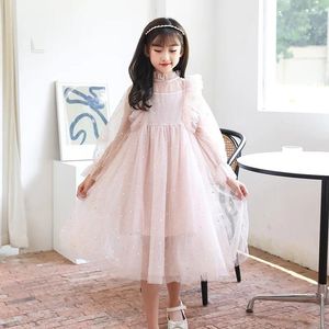 Girl Dresses Girls Ruffle Mesh Dress 2024 Spring/Summer Fashion Princess Kids Sequin Star White/Pink For Age 4-14 Years Partywear