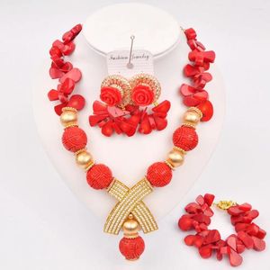 Colar brincos conjunto moda vermelho nigeriano casamento coral contas jóias africanas para mulher