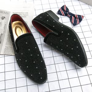 Ayakkabı Markası Noble Black Rhinestone Erkekler Elbise Ayakkabı Kadife Kristal Lüks Mokasinler Erkekler Mouters Ofis Business Man ayakkabı zapatos