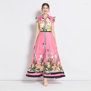 Lässige Kleider Böhmische Frauen Sommer Maxikleid Süße Schmetterlingshülse Einreiher Blumendruck Gürtel Lange Robe Vestidos Damenkleidung