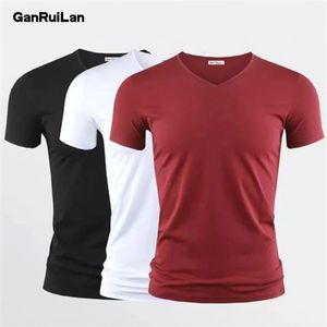 Mens T Shirt Pure Color V Collar Short Sleeved Tops Tees Men TShirt Black Tights Man TShirts Fitness For Male Clothes 240318