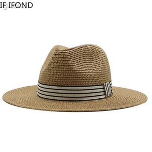 Szerokie brzegi czapki wiadra czapki Panama Summer słomy kapelusz męski szeroki oddychający oddychający słoneczne plażę słomy kapelusz uv fedora hat 24323