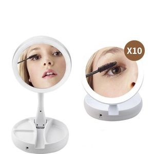 Foldbar USB -laddning eller batteri LED -spegel Makeup Vit Vanity Cosmetic Mirror med ljus 10x förstoringsbordspeglar 240318