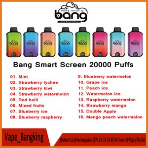 Original Bang 20000 Puffs 20K Smart Screen Einweg-Vape-Stift Bangvapes Dual Mesh Coil wiederaufladbarer Vaper 28 ml vorgefülltes E-Liquid 16 Geschmacksrichtungen 0/2/3/5 %