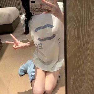 High-quality women's cotton T-shirt French fashion luxury clothing two C letters hot drill fashion outdoor round neck short sleeve top large size T-shirt 40-85kg 2colors