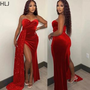 Casual Dresses HLJ Autumn Sequined High Slit Evening Party Dress Ruched Bodycon Tube Axelitless Elegant Sexy Birthday Club Outfit