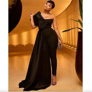 Plus Graceful Jumpsuits Size V Neck Evening Dresses One Shoulder Lace Appliqued Custom Made Prom Dress Pantsuits Robe De Mariee