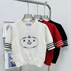 Light luxury design knitted short sleeve women's round neck short sweater top striped T-shirt spring and summer style