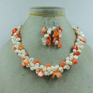 Necklace Earrings Set 3 Strand 8mm Natural White Baroque Pearl Coral Earring