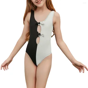 女性用水着fsかわいい女の子ブラックステッチカラーモノキニホローパッチワークバススーツ子供水泳スイムドレスワンピース