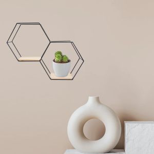 Racks Wall Shelf Black Hexagon Floating Decor Metal Wood Base Wallmounted Bedroom Modern Home