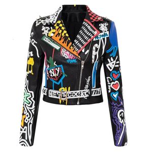 Rivet beading Pu Leather Jacket Women Graffiti Colorful Print Biker Jackets and Coats PUNK Streetwear jacket 240315