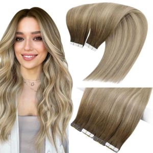 Экспрессии Moresoo Virgin Tape в наращиваниях волос на 100% настоящие человеческие волосы блондинка Ombre Brown 25 г 12 месяцев невидимая лента в наращиваниях волос